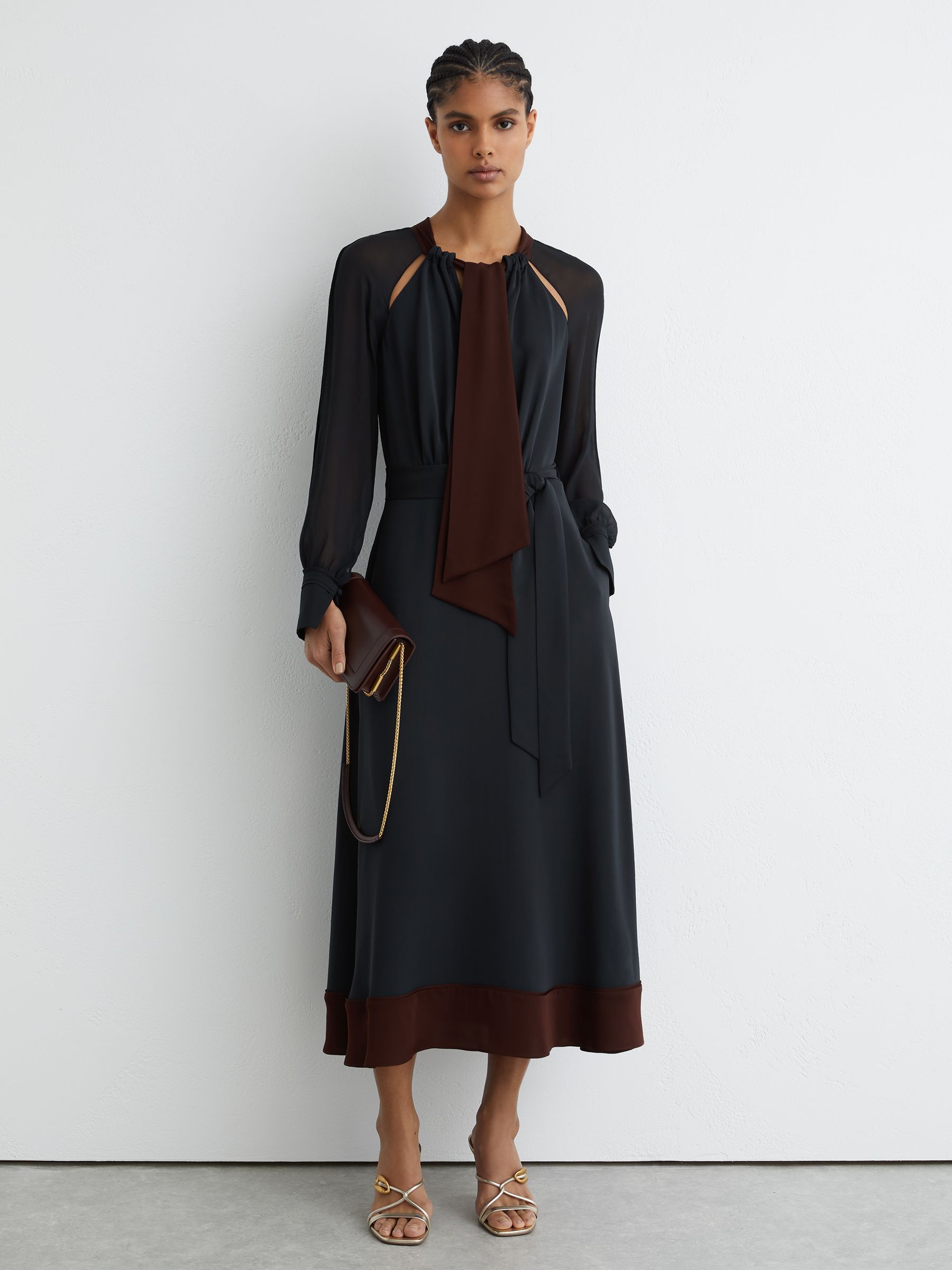 Buy Reiss Navy/Burgundy Estella Tie-Neck Belted Midi Dress from
