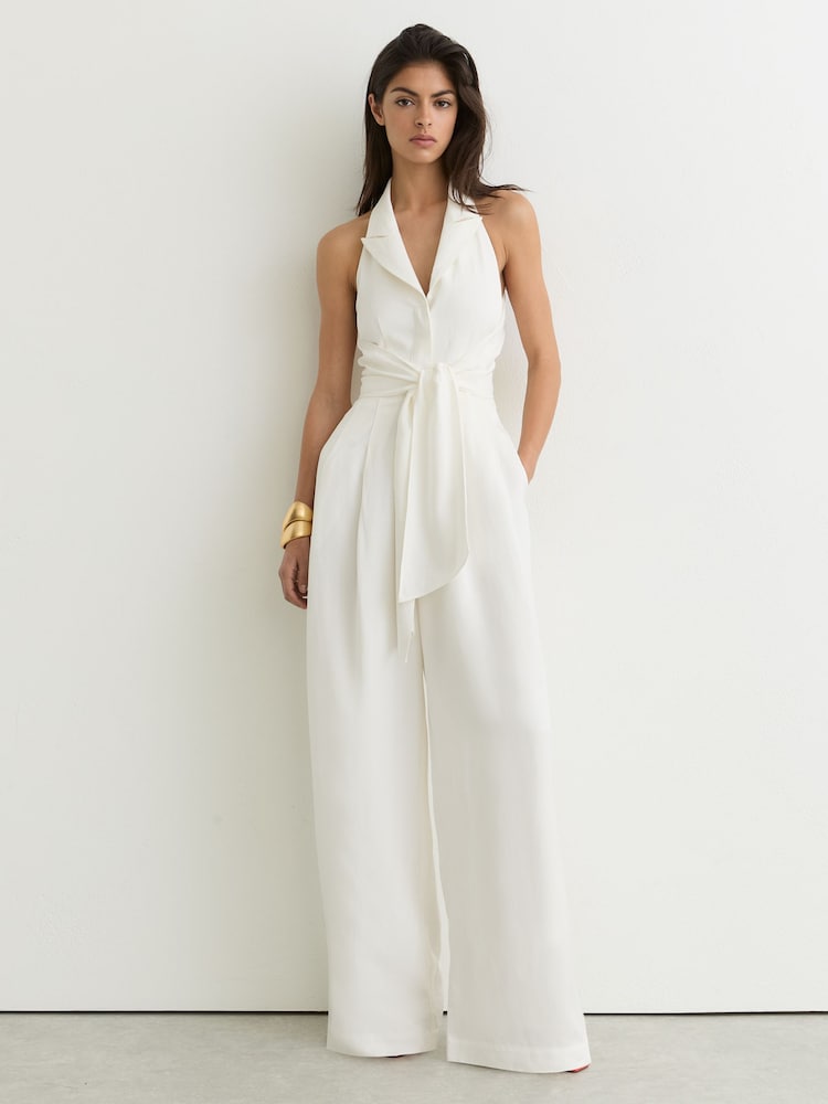Reiss Ivory Taya Petite Tie-Front Wide-Leg Jumpsuit with Linen - Image 1 of 8