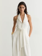 Reiss Ivory Taya Petite Tie-Front Wide-Leg Jumpsuit with Linen - Image 4 of 8