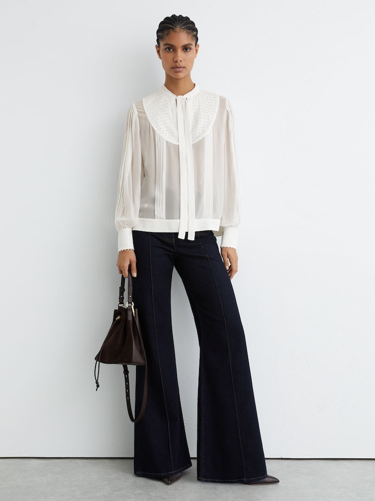 Reiss Ivory Casey Georgette Tie-Neck Beaded Blouse - Image 1 of 6