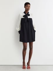 Reiss Navy/Ivory Cam Tie-Neck Contrast Shift Dress with Wool - Image 1 of 7