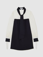 Reiss Navy/Ivory Cam Tie-Neck Contrast Shift Dress with Wool - Image 2 of 7