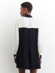 Reiss Navy/Ivory Cam Tie-Neck Contrast Shift Dress with Wool - Image 6 of 7