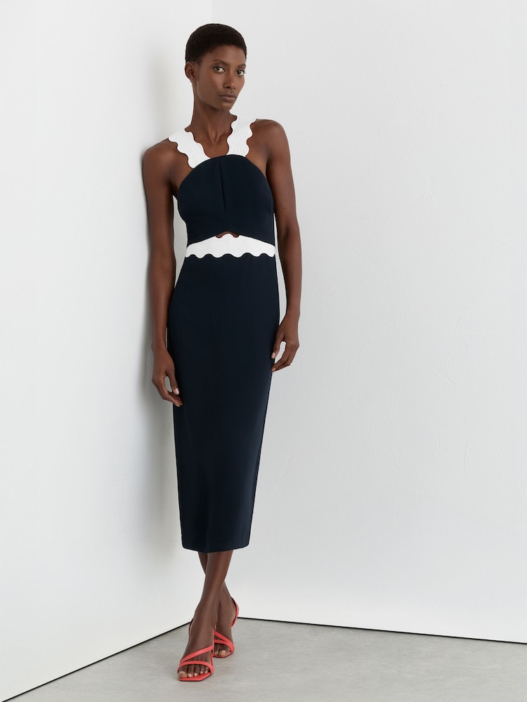 Reiss Navy/Ivory Dillon Contrast Wave-Trim Fitted Midi Dress - Image 1 of 7 Reiss Navy/Ivory Dillon Contrast Wave-Trim Fitted Midi Dress - Image 1 of 7