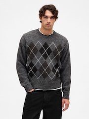 Gap Grey Wool-Blend Relaxed Argyle Jumper - Image 1 of 4