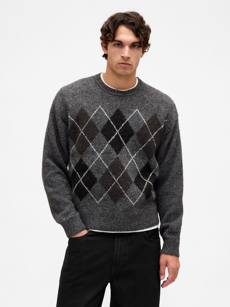 Gap Grey Wool-Blend Relaxed Argyle Jumper - Image 1 of 4 Gap Grey Wool-Blend Relaxed Argyle Jumper - Image 1 of 4