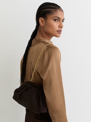Reiss Chocolate Mia Suede Pouch Clutch Bag - Image 1 of 6