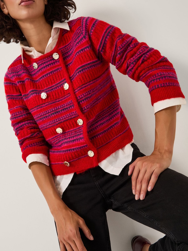 Monsoon Red Starla Stripe Double Breasted Cardigan - Image 1 of 5 Monsoon Red Starla Stripe Double Breasted Cardigan - Image 1 of 5