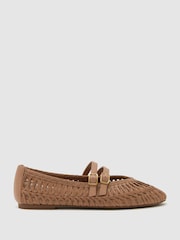 Neutral - Reiss Elizabeth Raffia Leather-Strap Ballerina Flats - Bild 1 von 4