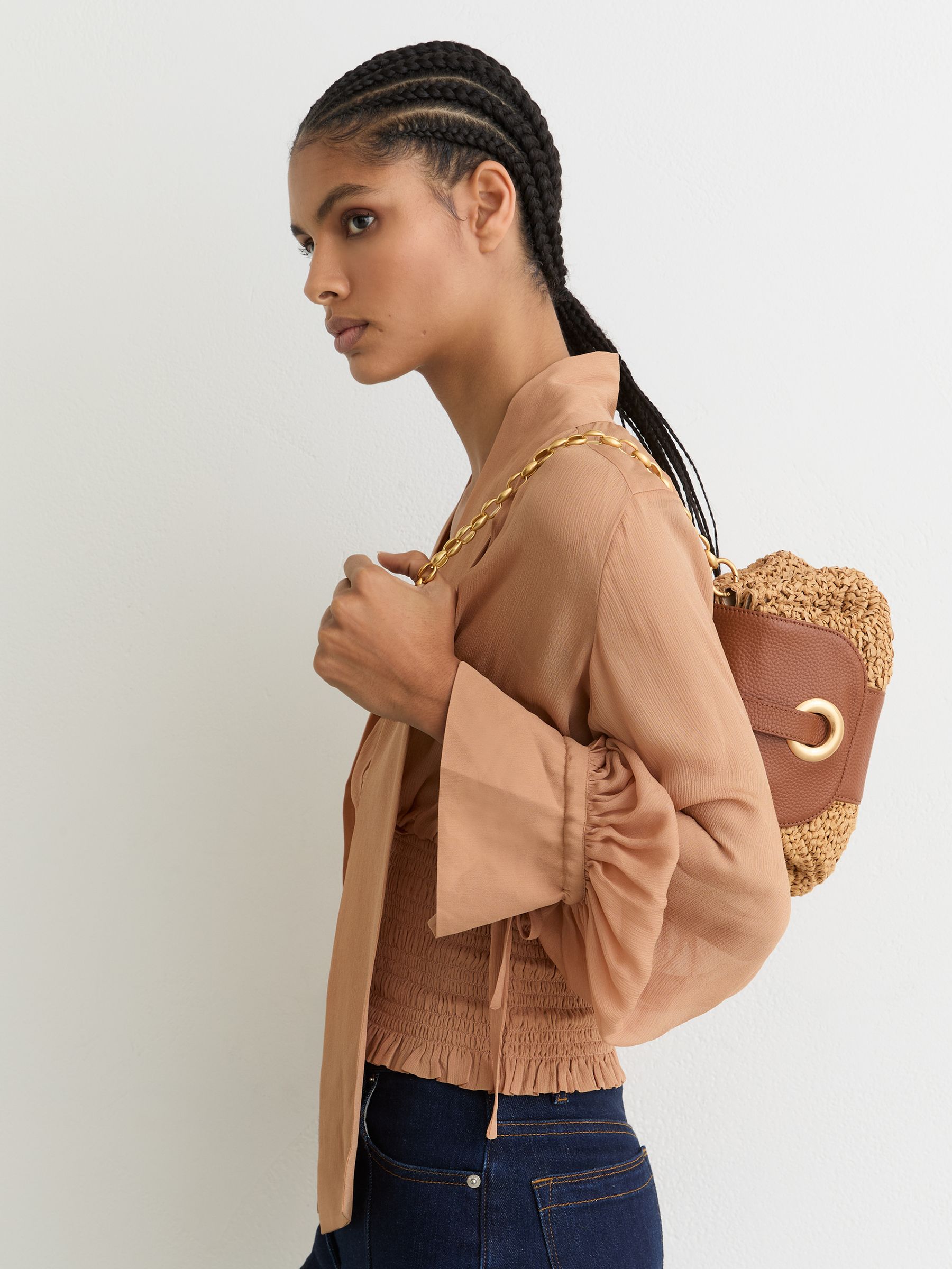 Buy Reiss Natural Lori Raffia-Effect and Leather Shoulder Bag from