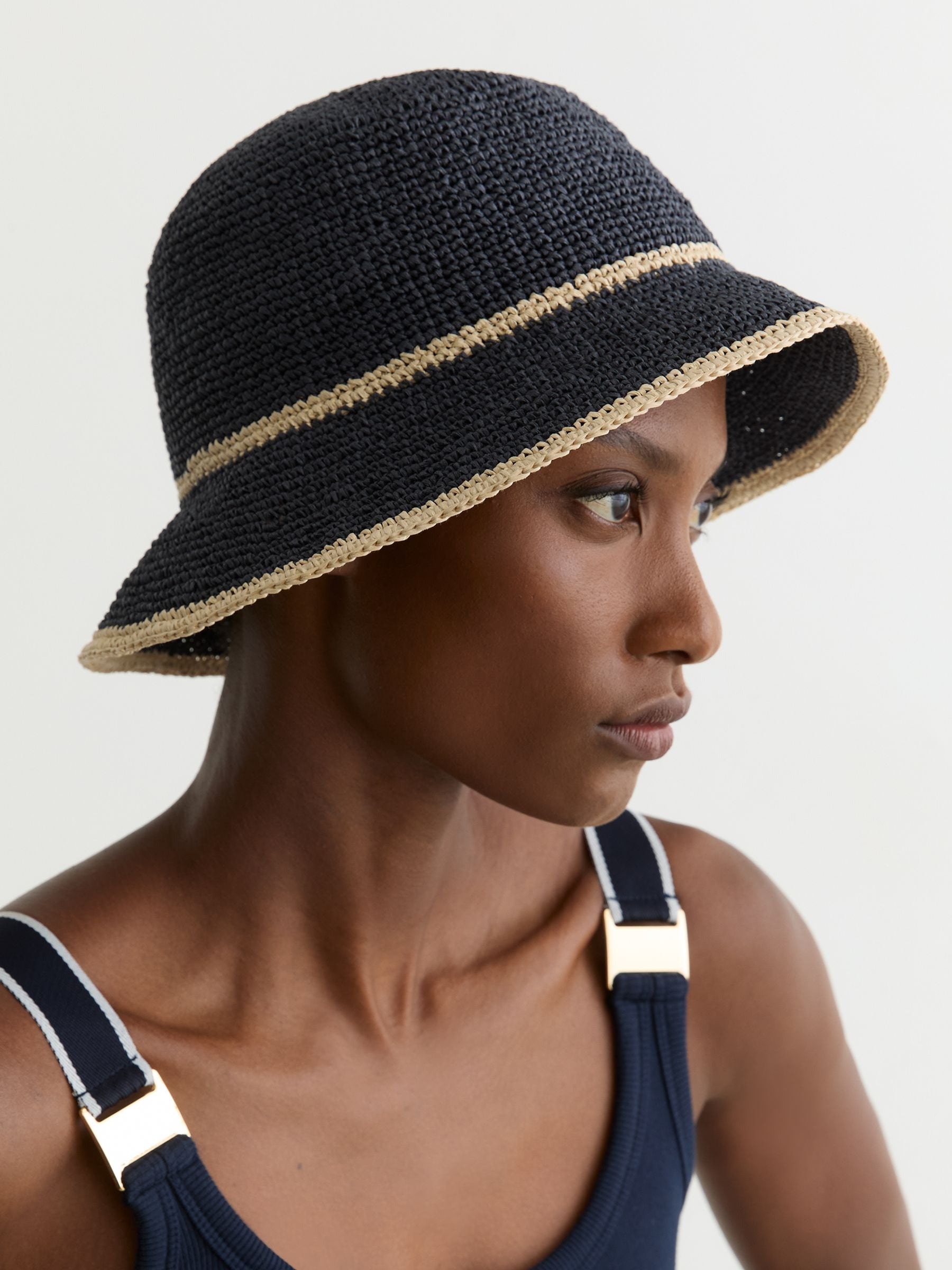 Reiss Navy Tipped Straw Effect Hat In Blue