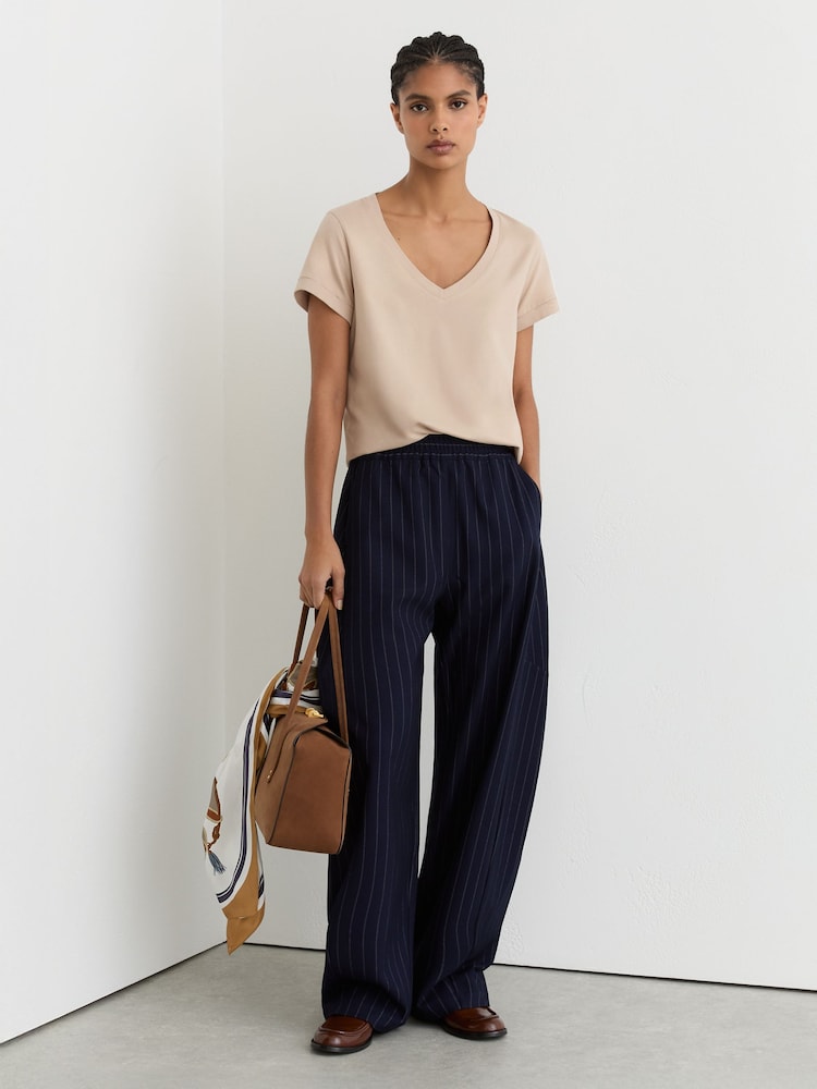 Reiss Camel Luna Brushed-Cotton V-Neck T-Shirt - Image 1 of 6