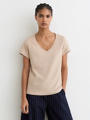 Reiss Camel Luna Brushed-Cotton V-Neck T-Shirt - Image 3 of 6
