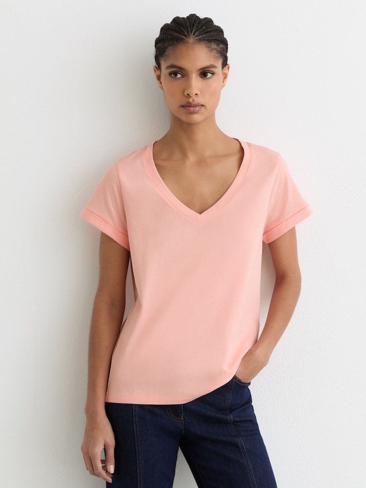 Reiss Pink Luna Brushed-Cotton V-Neck T-Shirt - Image 1 of 6