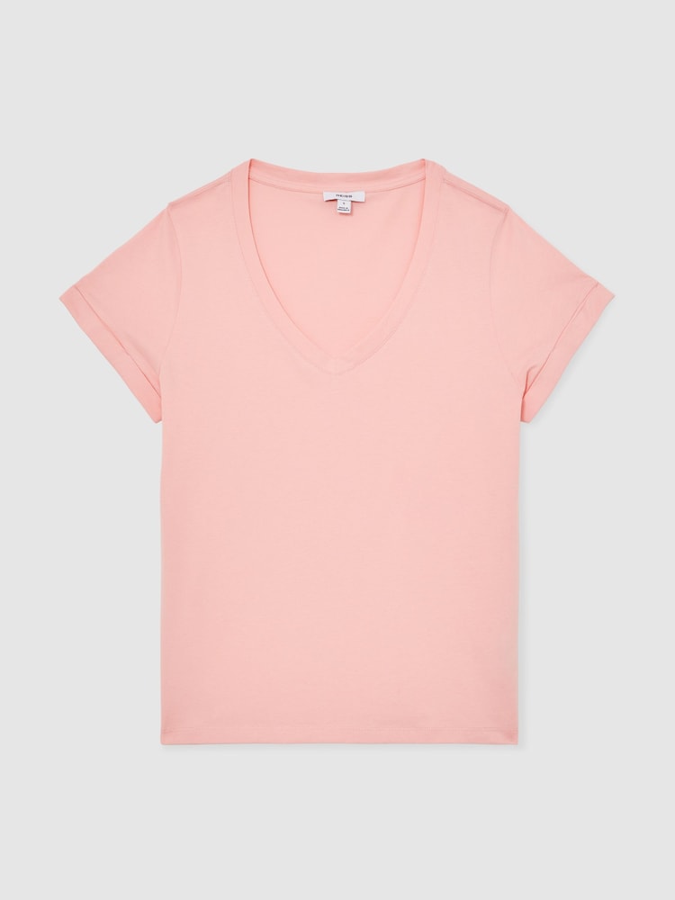 Reiss Pink Luna Brushed-Cotton V-Neck T-Shirt - Image 2 of 6