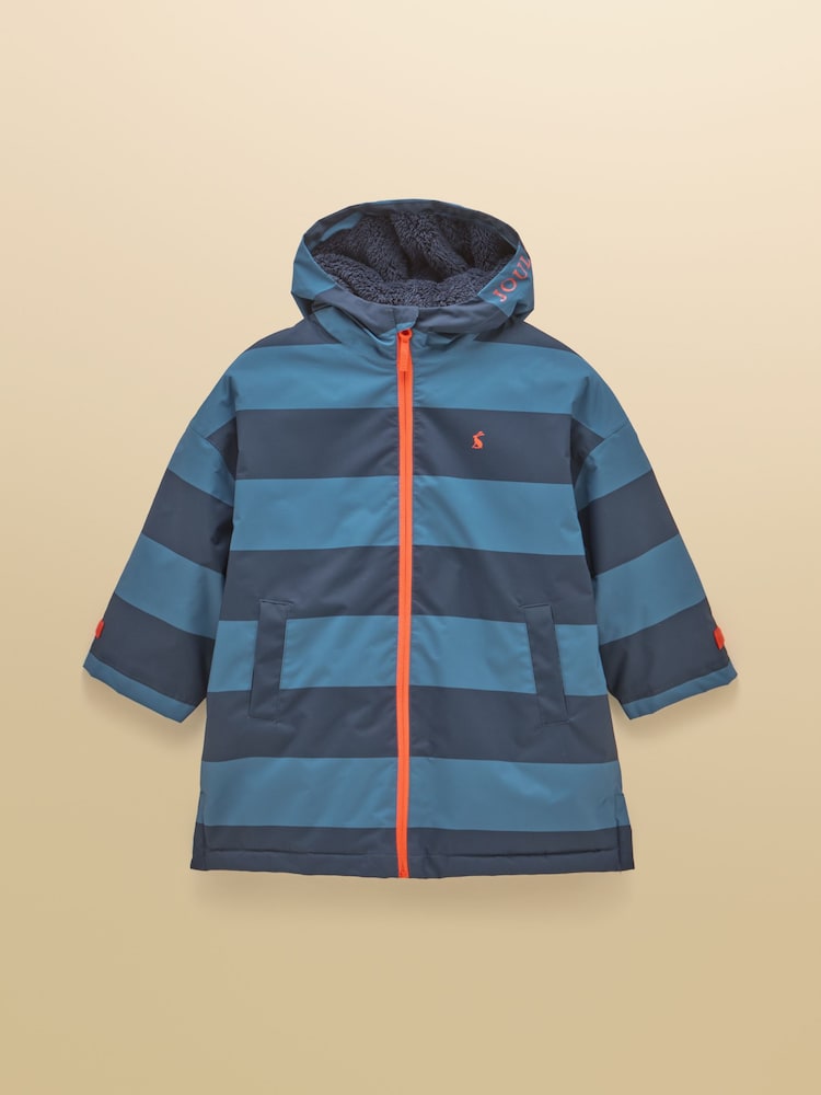 Joules Boys' Coverall Blue Stripe Oversized Fleece Lined Waterproof Coat - Image 1 of 5