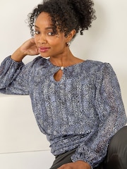 Roman Black Petite Animal Keyhole Buttoned Blouse - Image 1 of 5