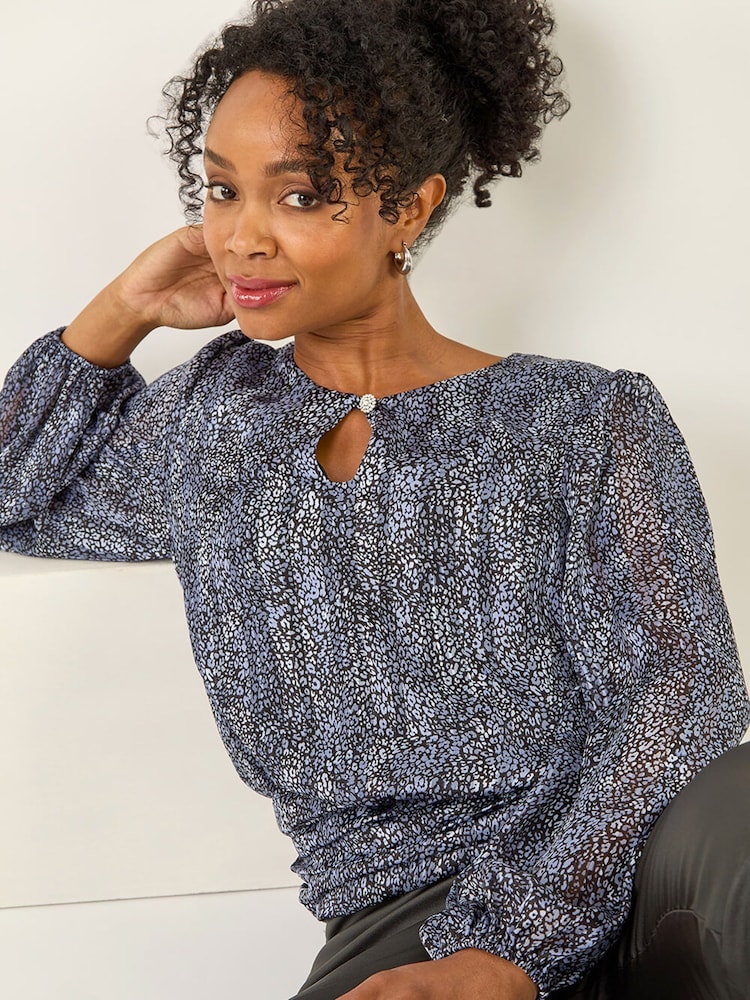 Roman Black Petite Animal Keyhole Buttoned Blouse - Image 1 of 5