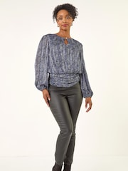 Roman Black Petite Animal Keyhole Buttoned Blouse - Image 2 of 5