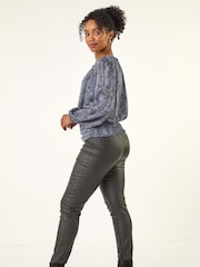 Roman Black Petite Animal Keyhole Buttoned Blouse - Image 3 of 5