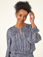 Roman Black Petite Animal Keyhole Buttoned Blouse - Image 4 of 5