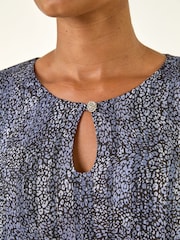 Roman Black Petite Animal Keyhole Buttoned Blouse - Image 5 of 5