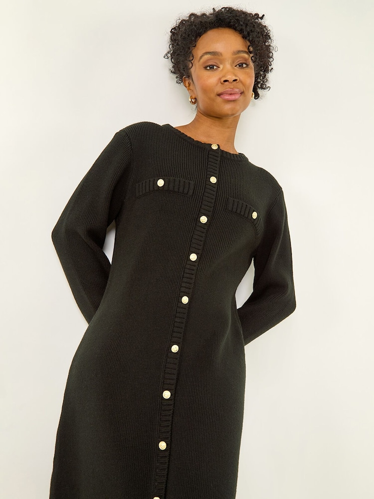 Roman Black Petite Petite Button Detail Knit Dress - Image 1 of 5