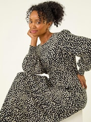 Roman Black Print Shirred Midi Dress - Image 1 of 5