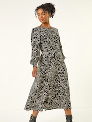 Roman Black Print Shirred Midi Dress - Image 2 of 5