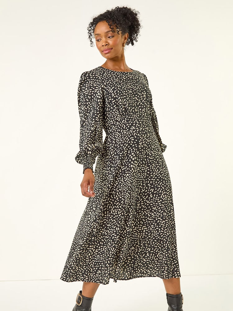 Roman Black Print Shirred Midi Dress - Image 2 of 5