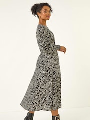 Roman Black Print Shirred Midi Dress - Image 3 of 5