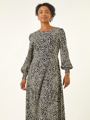 Roman Black Print Shirred Midi Dress - Image 4 of 5