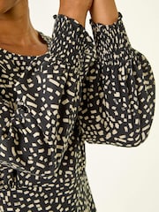 Roman Black Print Shirred Midi Dress - Image 5 of 5