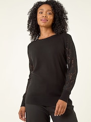 Roman Black Petite Lace Contrast Knit Jumper - Image 2 of 5