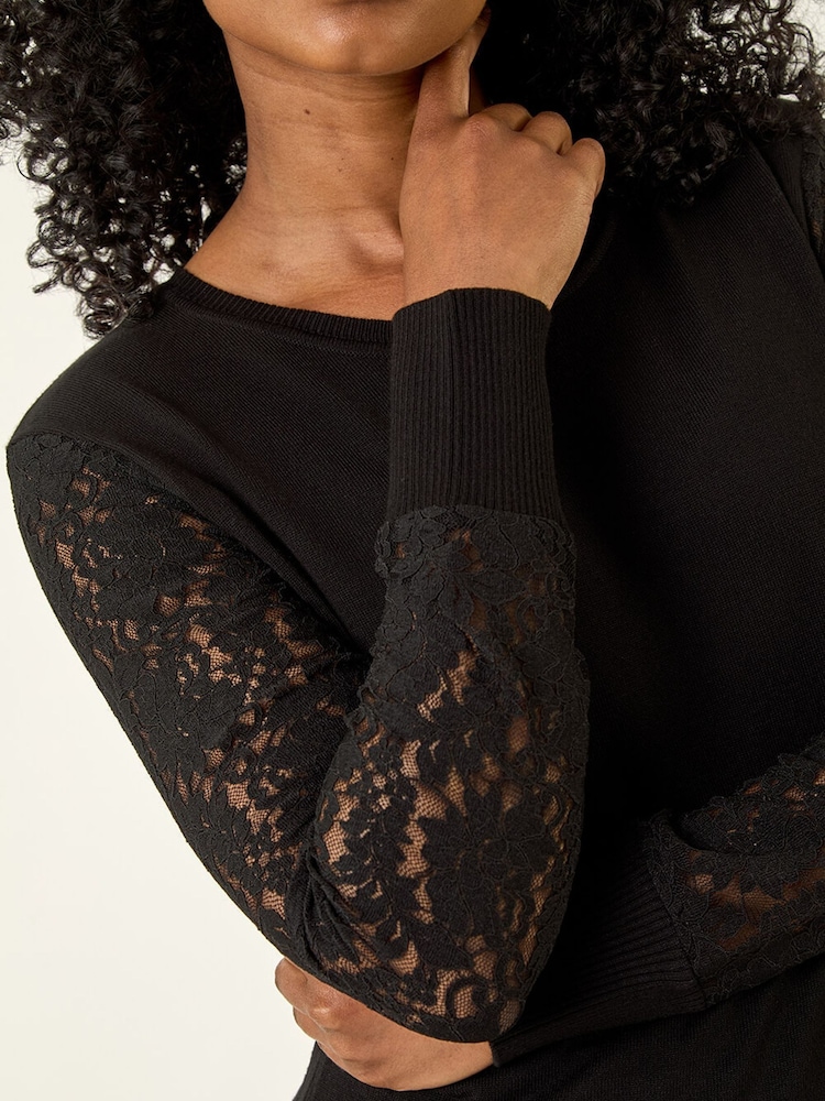 Roman Black Petite Lace Contrast Knit Jumper - Image 5 of 5 Roman Black Petite Lace Contrast Knit Jumper - Image 5 of 5