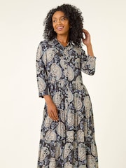 Roman Black Petite Paisley Print Tiered Midi Dress - Image 4 of 5