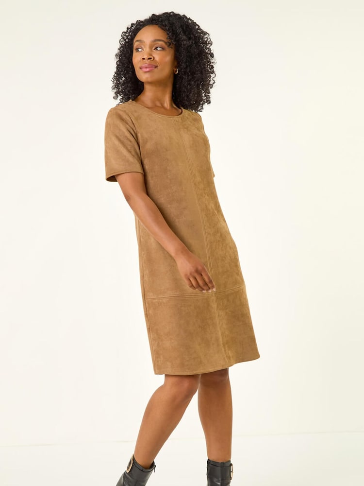Roman Brown Petite Premium Stretch Suede Shift Dress - Image 2 of 5 Roman Brown Petite Premium Stretch Suede Shift Dress - Image 2 of 5