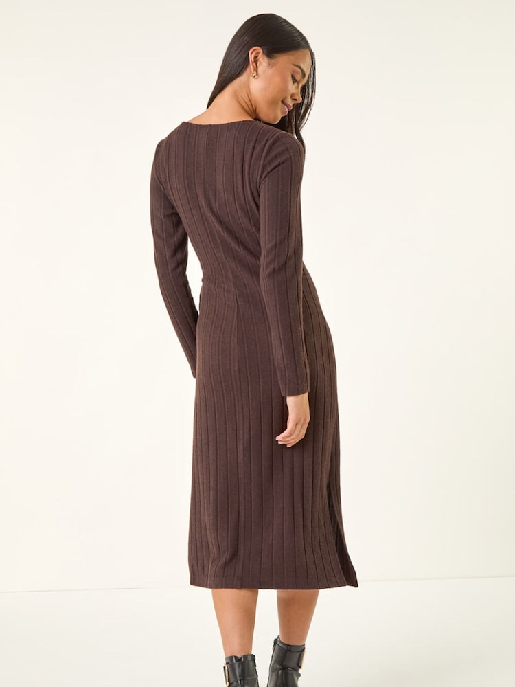 Roman Brown Petite Brushed Tie Waist Stretch Midi Dress - Image 2 of 5 Roman Brown Petite Brushed Tie Waist Stretch Midi Dress - Image 2 of 5