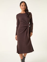 Roman Brown Petite Brushed Tie Waist Stretch Midi Dress - Image 3 of 5
