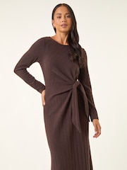 Roman Brown Petite Brushed Tie Waist Stretch Midi Dress - Image 4 of 5
