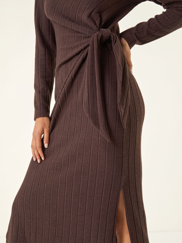 Roman Brown Petite Brushed Tie Waist Stretch Midi Dress - Image 5 of 5 Roman Brown Petite Brushed Tie Waist Stretch Midi Dress - Image 5 of 5