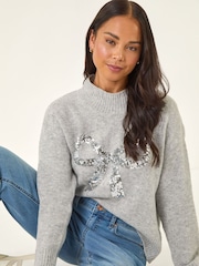 Roman Grey Petite Sequin Bow Knit Jumper - Image 1 of 5