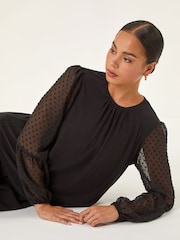 Roman Black Petite Contrast Dobby Stretch Blouse - Image 1 of 5
