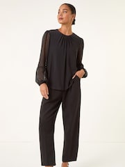 Roman Black Petite Contrast Dobby Stretch Blouse - Image 2 of 5