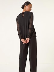 Roman Black Petite Contrast Dobby Stretch Blouse - Image 3 of 5