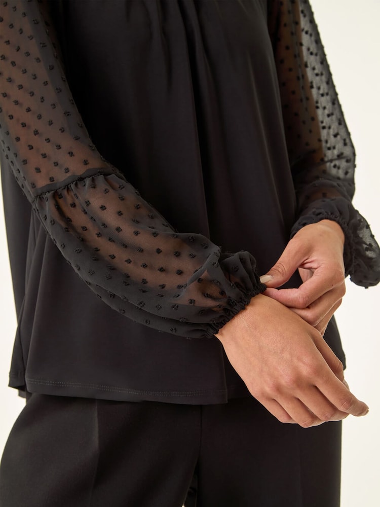 Roman Black Petite Contrast Dobby Stretch Blouse - Image 5 of 5 Roman Black Petite Contrast Dobby Stretch Blouse - Image 5 of 5