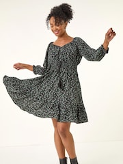 Roman Black Petite Floral Frill Dress - Image 3 of 5