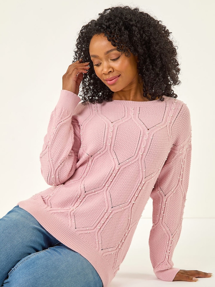 Roman Pink Petite Faux Pearl Knit Jumper - Image 1 of 5