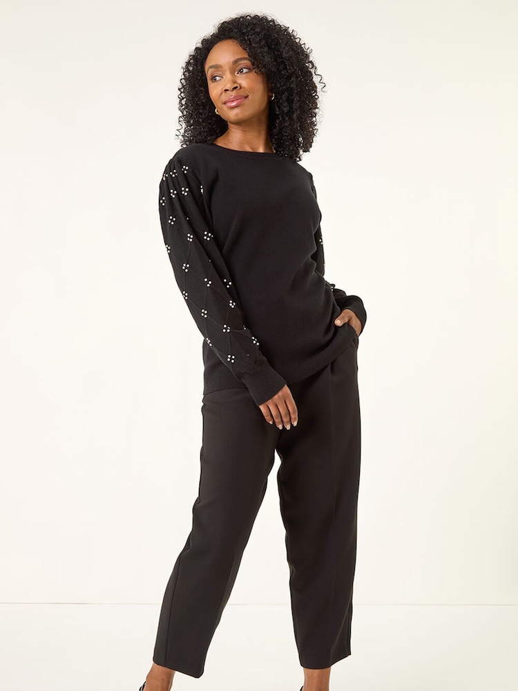 Roman Black Petite Faux Pearl Contrast Cable Knit Jumper - Image 2 of 5 Roman Black Petite Faux Pearl Contrast Cable Knit Jumper - Image 2 of 5