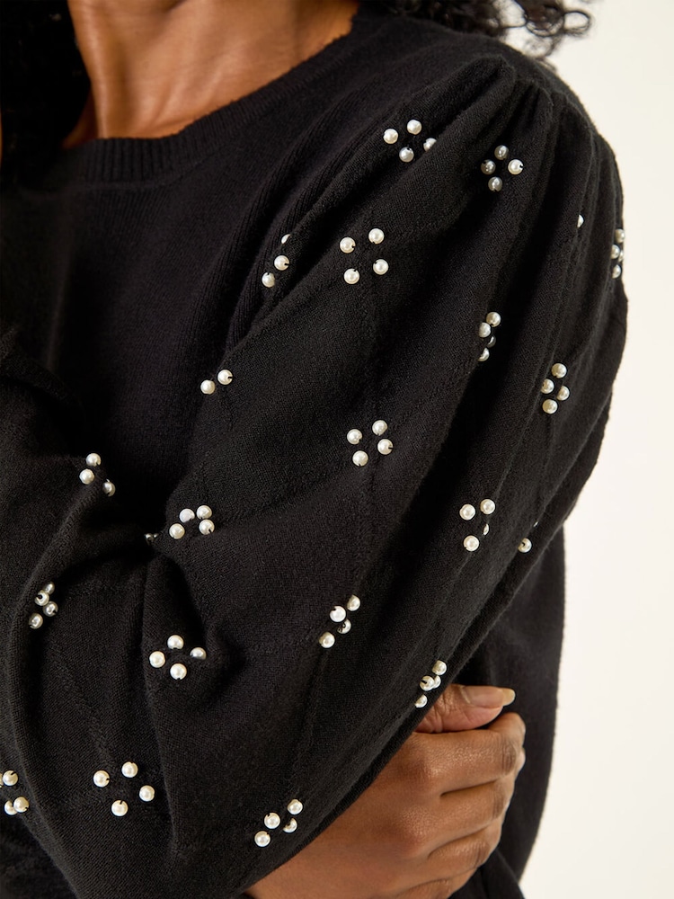 Roman Black Petite Faux Pearl Contrast Cable Knit Jumper - Image 5 of 5 Roman Black Petite Faux Pearl Contrast Cable Knit Jumper - Image 5 of 5